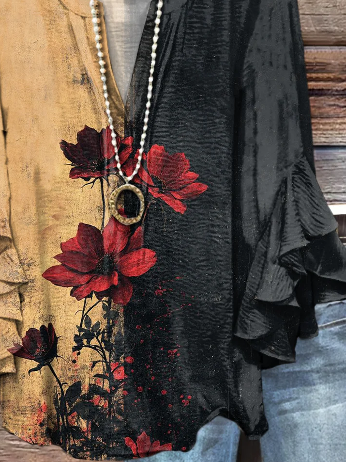 Women Floral Half Sleeve Shirt Summer Printing V Neck Daily Casual Top