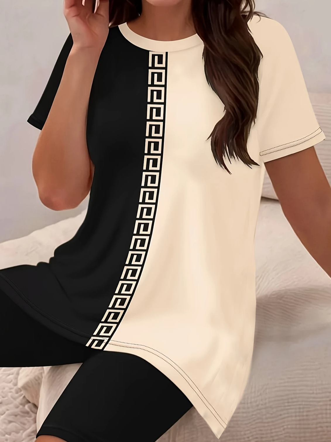 Women Geometric Printing Two-Piece Set Daily Short Sleeve Casual Summer Top With Pants Matching Set