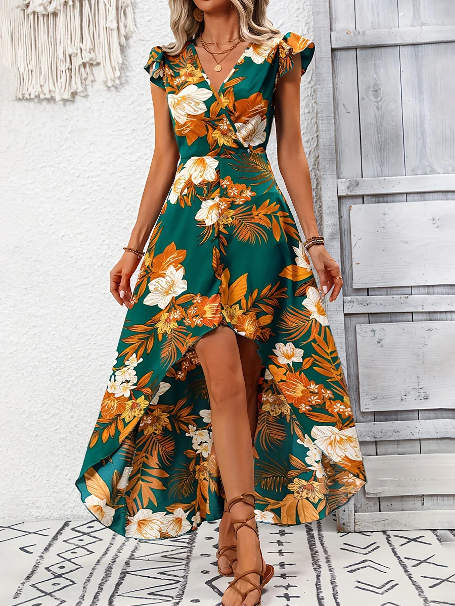 Women Plain Short Sleeve Summer Printing Dress V Neck Ruffle Sleeve Daily Vintage Maxi Tank A-Line Dress