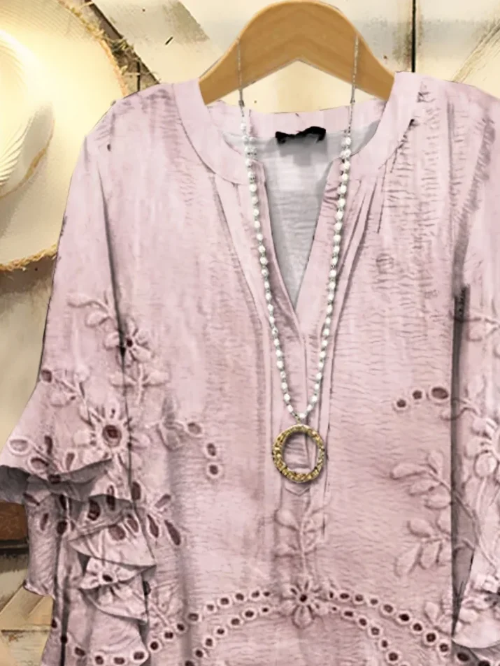 Women Floral Half Sleeve Shirt Summer Printing V Neck Daily Casual Top