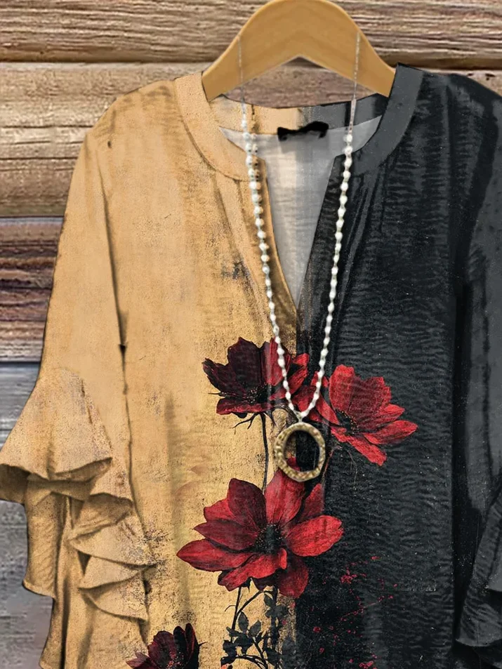 Women Floral Half Sleeve Shirt Summer Printing V Neck Daily Casual Top