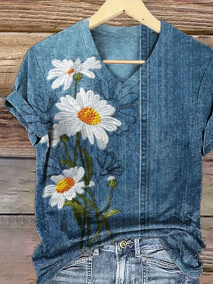 Women Floral Short Sleeve Tee T-shirt V Neck Printing Casual Summer Graphic Tee Top