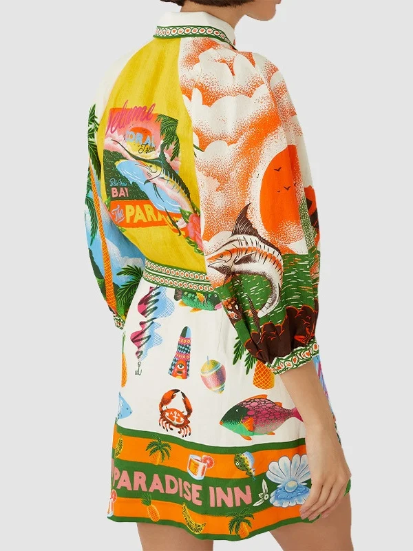 Women Tropical Short Sleeve Summer Printing Dress Stand Collar Daily Vintage Mini Tank A-Line Dress