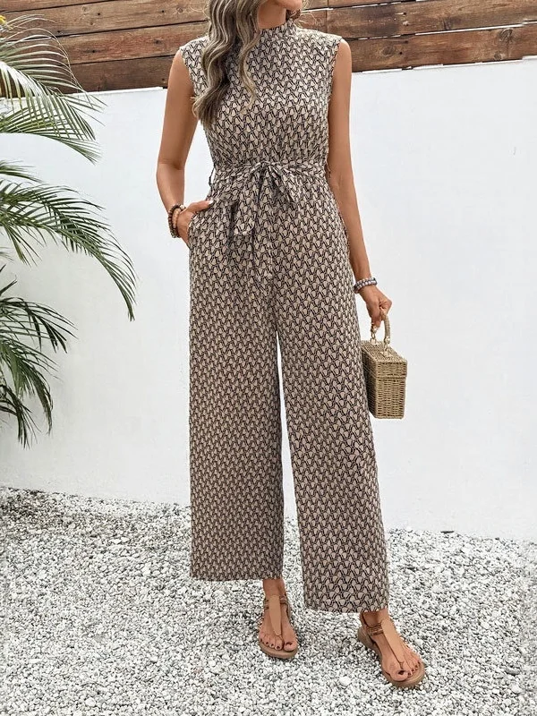 Women Geometric Crew Neck Sleeveless Vintage Summer Jumpsuit