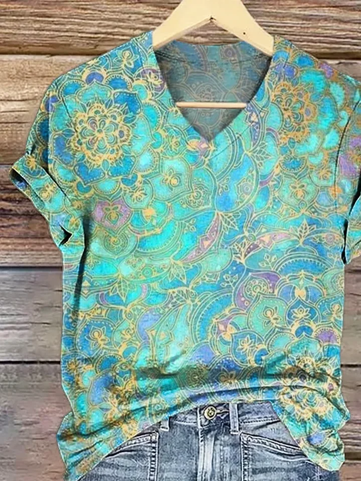Women Floral Short Sleeve Tee T-shirt V Neck Printing Casual Summer Graphic Tee Top