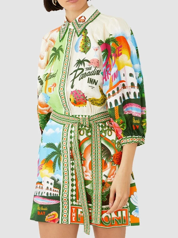 Women Tropical Short Sleeve Summer Printing Dress Stand Collar Daily Vintage Mini Tank A-Line Dress
