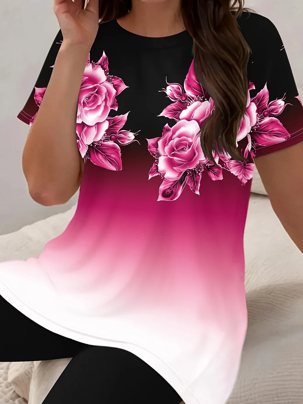 Women Floral Printing Two-Piece Set Daily Short Sleeve Casual Summer Top With Pants Matching Set
