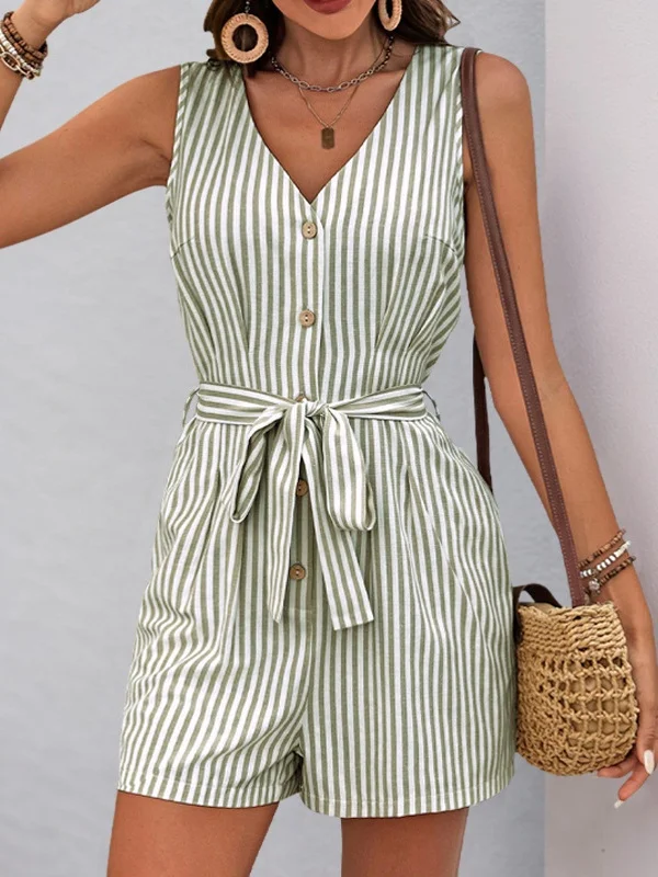 Women Geometric V Neck Sleeveless Vintage Summer Jumpsuit
