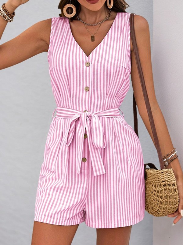 Women Geometric V Neck Sleeveless Vintage Summer Jumpsuit