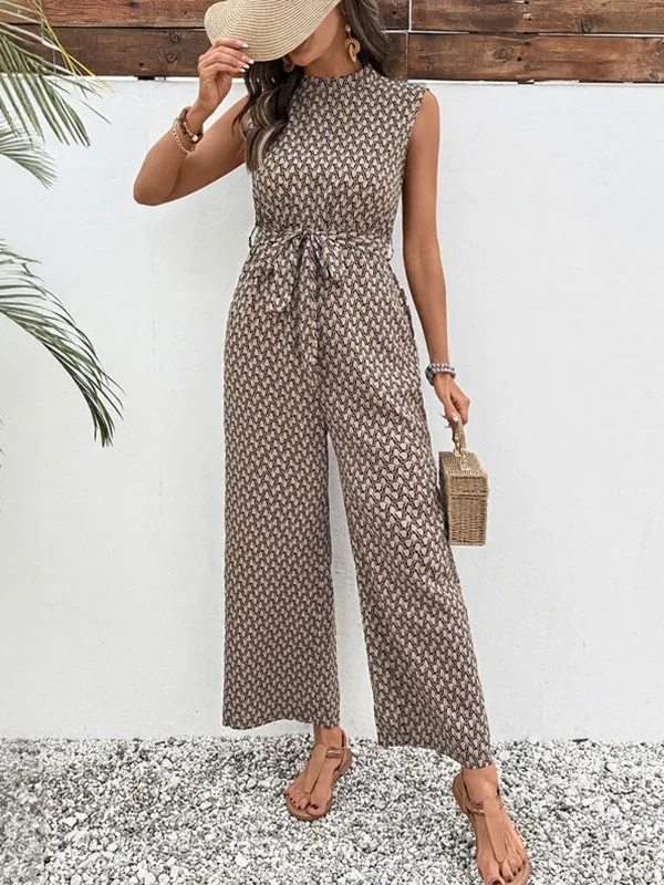 Women Geometric Crew Neck Sleeveless Vintage Summer Jumpsuit
