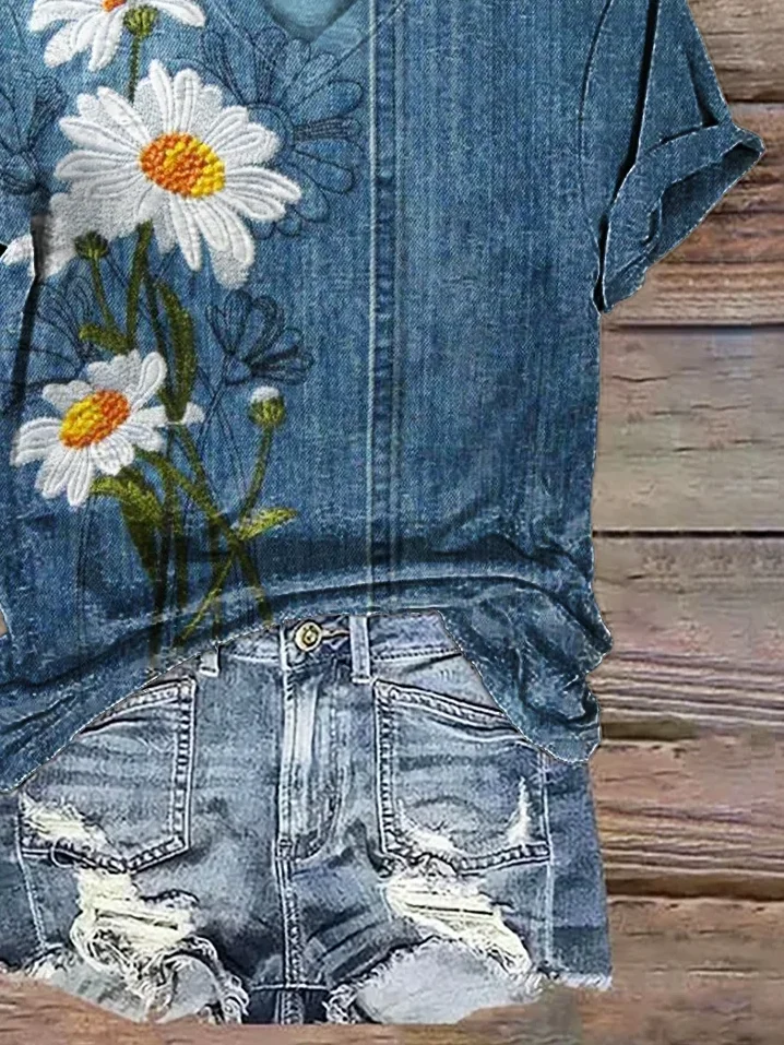 Women Floral Short Sleeve Tee T-shirt V Neck Printing Casual Summer Graphic Tee Top