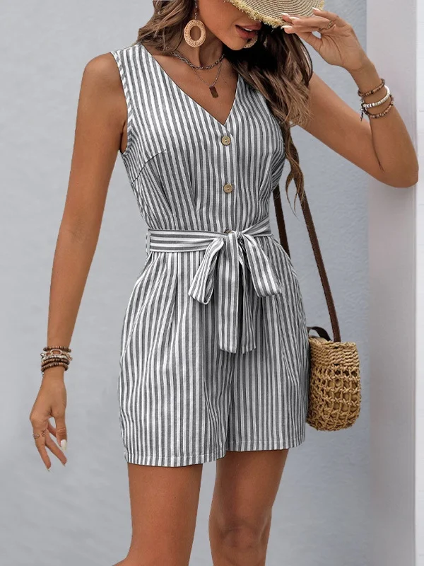 Women Geometric V Neck Sleeveless Vintage Summer Jumpsuit