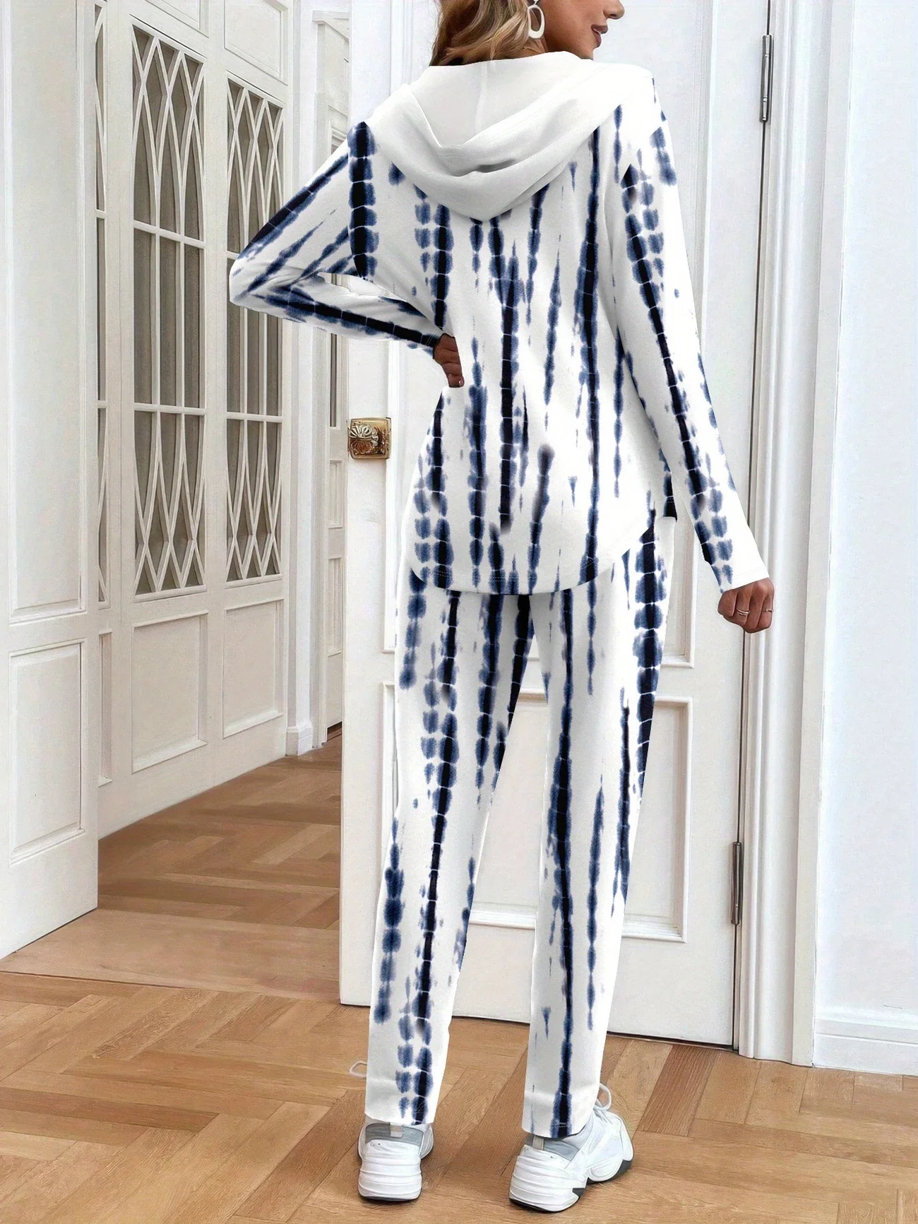 Women Abstract Stripes Printing Two-Piece Set Daily Long Sleeve Casual Spring/Fall Coat With Pants Matching Set