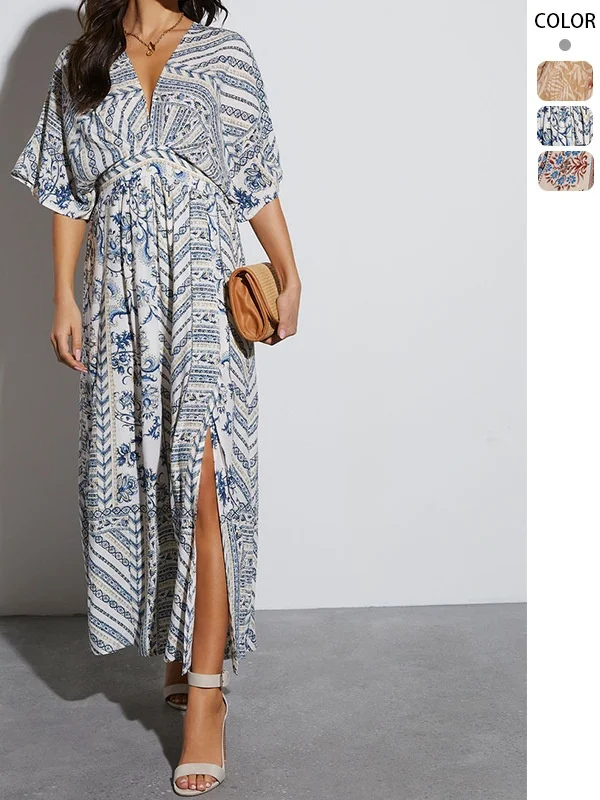 Women Floral Short Sleeve Summer Printing Dress V Neck Daily Vintage Maxi Tank A-Line Dress