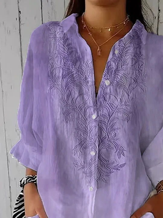 Women Floral Three Quarter Sleeve Shirt Spring/Fall Printing Shirt Collar Daily Casual Top