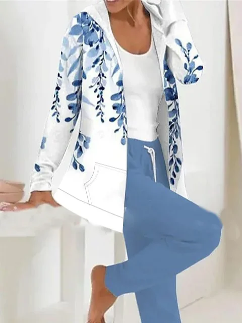 Women Floral Printing Two-Piece Set Daily Long Sleeve Casual Spring/Fall Coat With Pants Matching Set