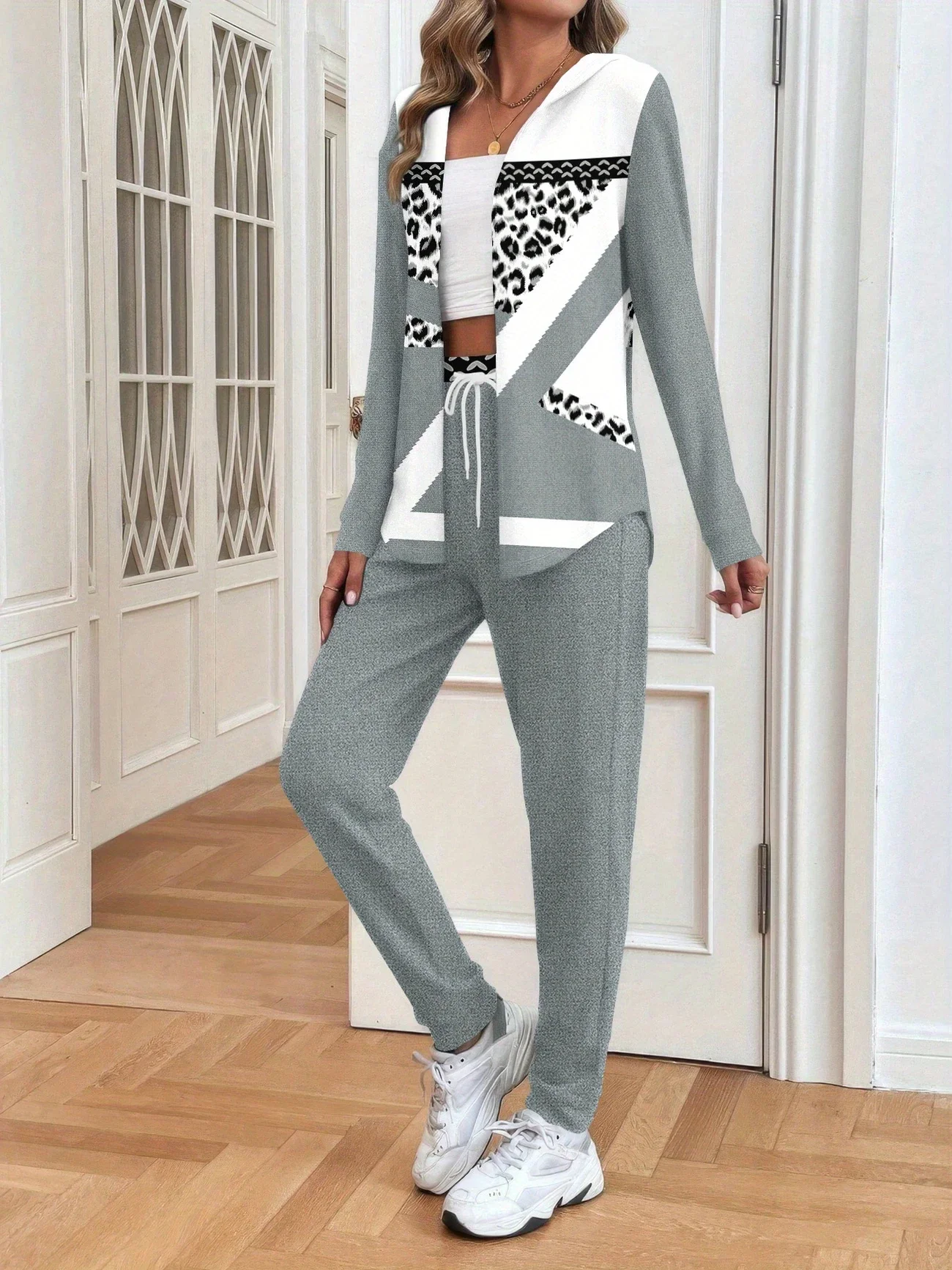 Women Abstract Printing Two-Piece Set Daily Long Sleeve Casual Spring/Fall Coat With Pants Matching Set