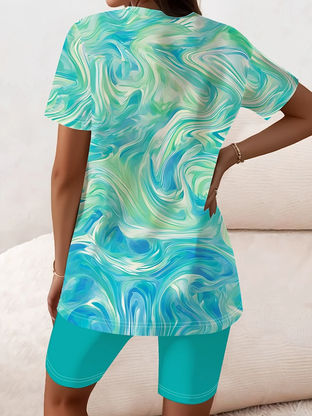 Women Abstract Printing Two-Piece Set Daily Short Sleeve Casual Summer Top With Pants Matching Set