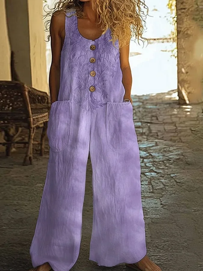 Women Floral Crew Neck Sleeveless Casual Summer Jumpsuit