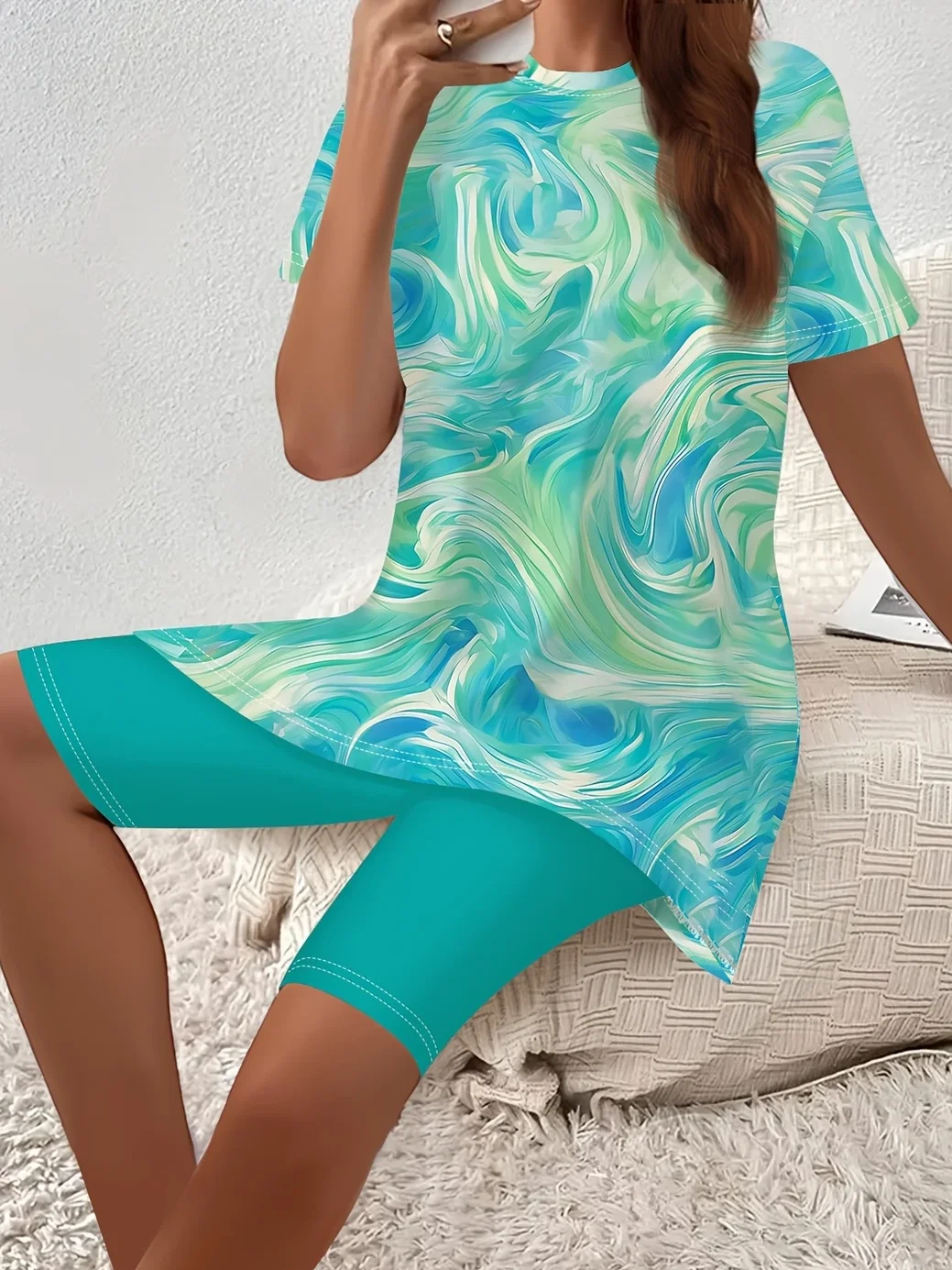 Women Abstract Printing Two-Piece Set Daily Short Sleeve Casual Summer Top With Pants Matching Set