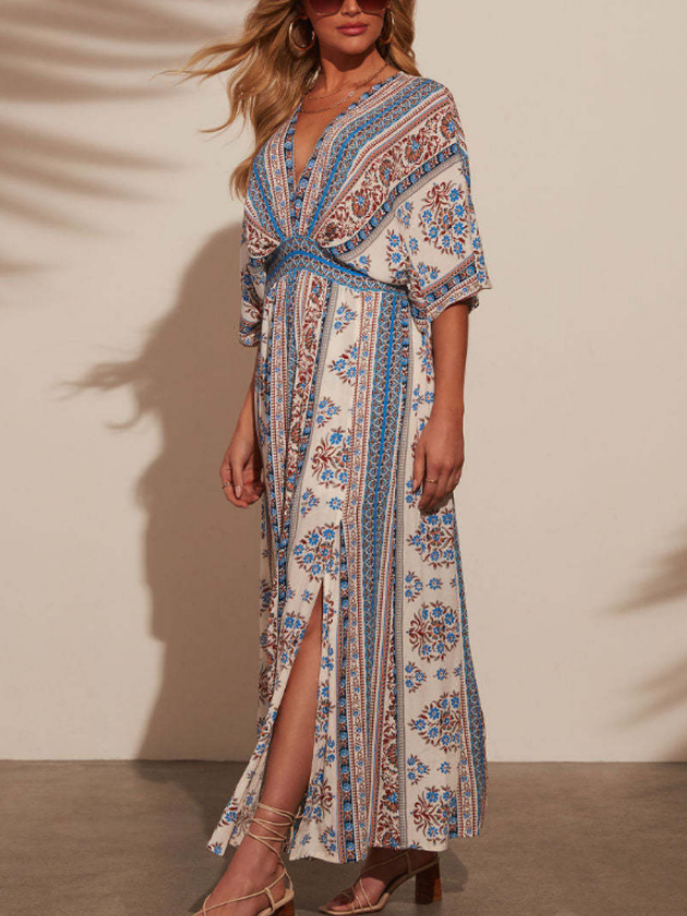 Women Floral Short Sleeve Summer Printing Dress V Neck Daily Vintage Maxi Tank A-Line Dress