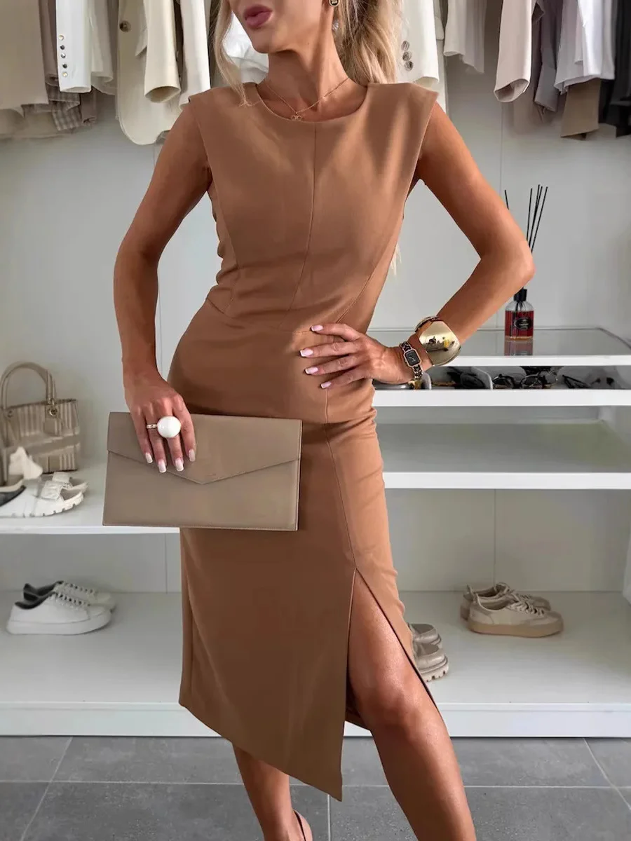 Women Plain Short Sleeve Summer Split Joint Dress Crew Neck Daily Casual Midi Tank A-Line Dress
