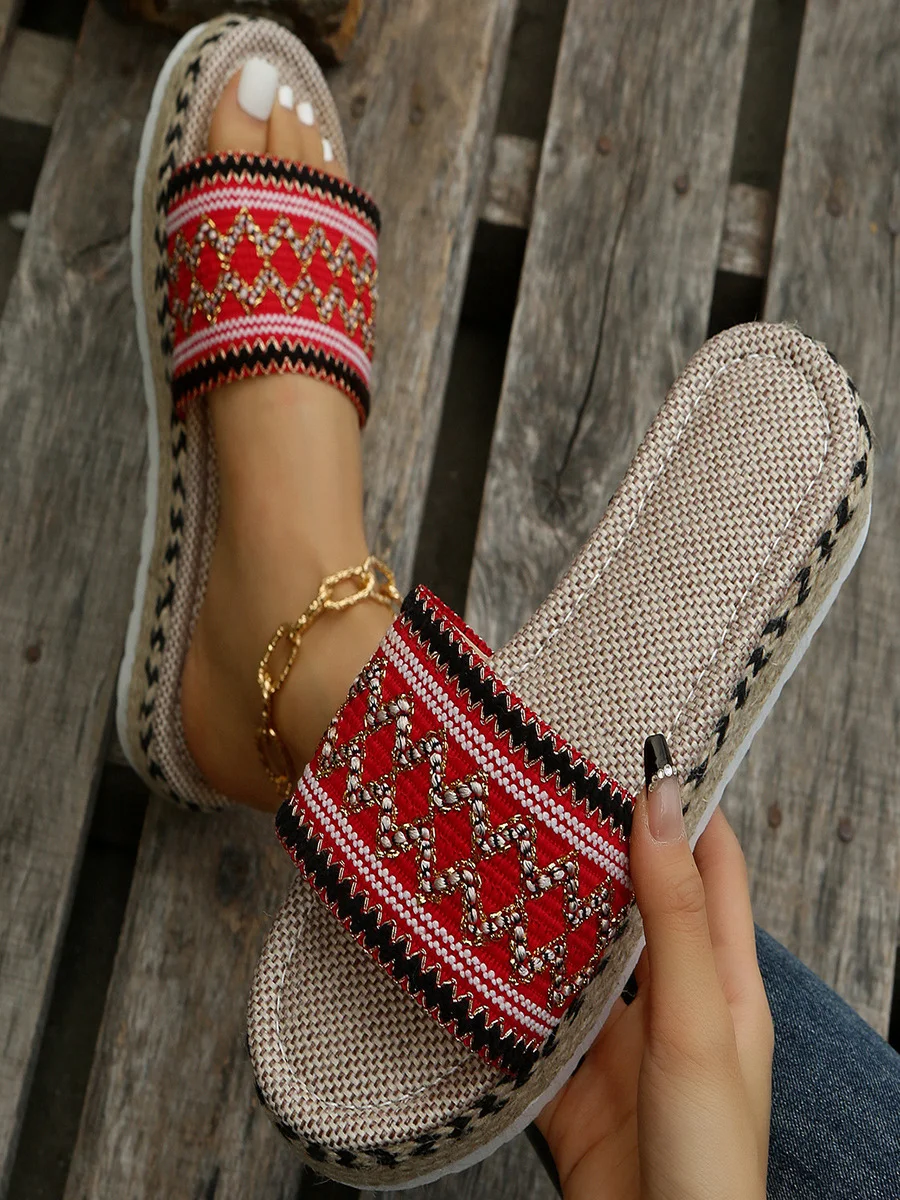 New Ethnic Style Slippers For Women Hemp Rope Gold Line Geometric Thick Bottom Platform Slippers