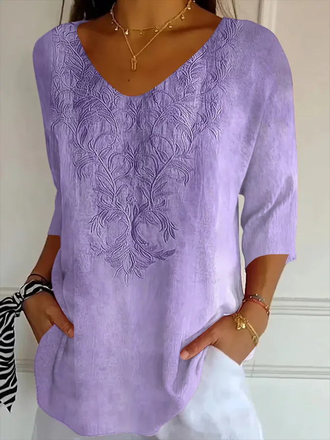 Women Floral Three Quarter Sleeve Tee T-shirt V Neck Printing Casual Spring/Fall Graphic Tee Top