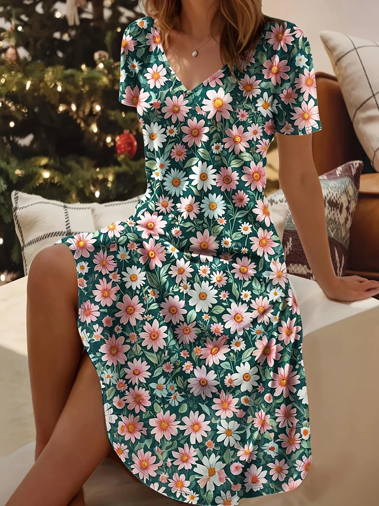 Women Floral Short Sleeve Summer Printing Dress V Neck Daily Casual Midi Fit & Flare Dress A-Line Dress