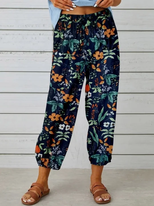 Women Geometric Ankle Pants Elastic Waist Pants Vintage Spring/Fall Trousers