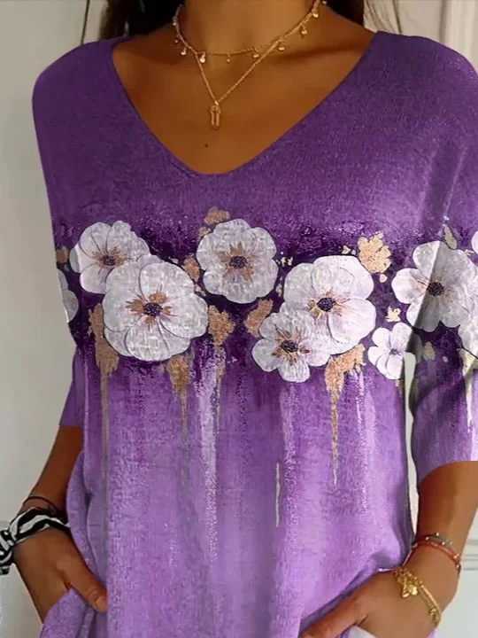 Women Floral Three Quarter Sleeve Tee T-shirt V Neck Printing Casual Spring/Fall Graphic Tee Top