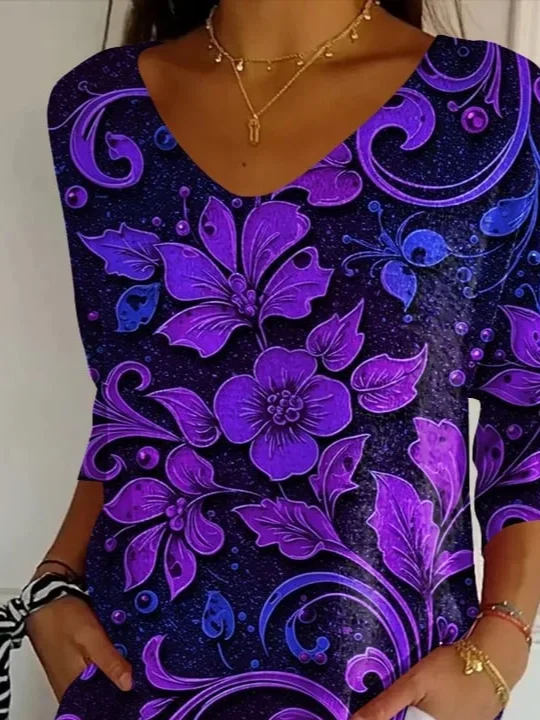 Women Floral Three Quarter Sleeve Tee T-shirt V Neck Printing Casual Spring/Fall Graphic Tee Top