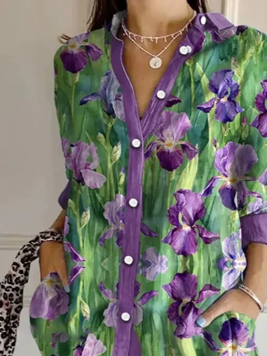 Women Floral Long Sleeve Shirt Spring/Fall Buckle Shirt Collar Daily Casual Top
