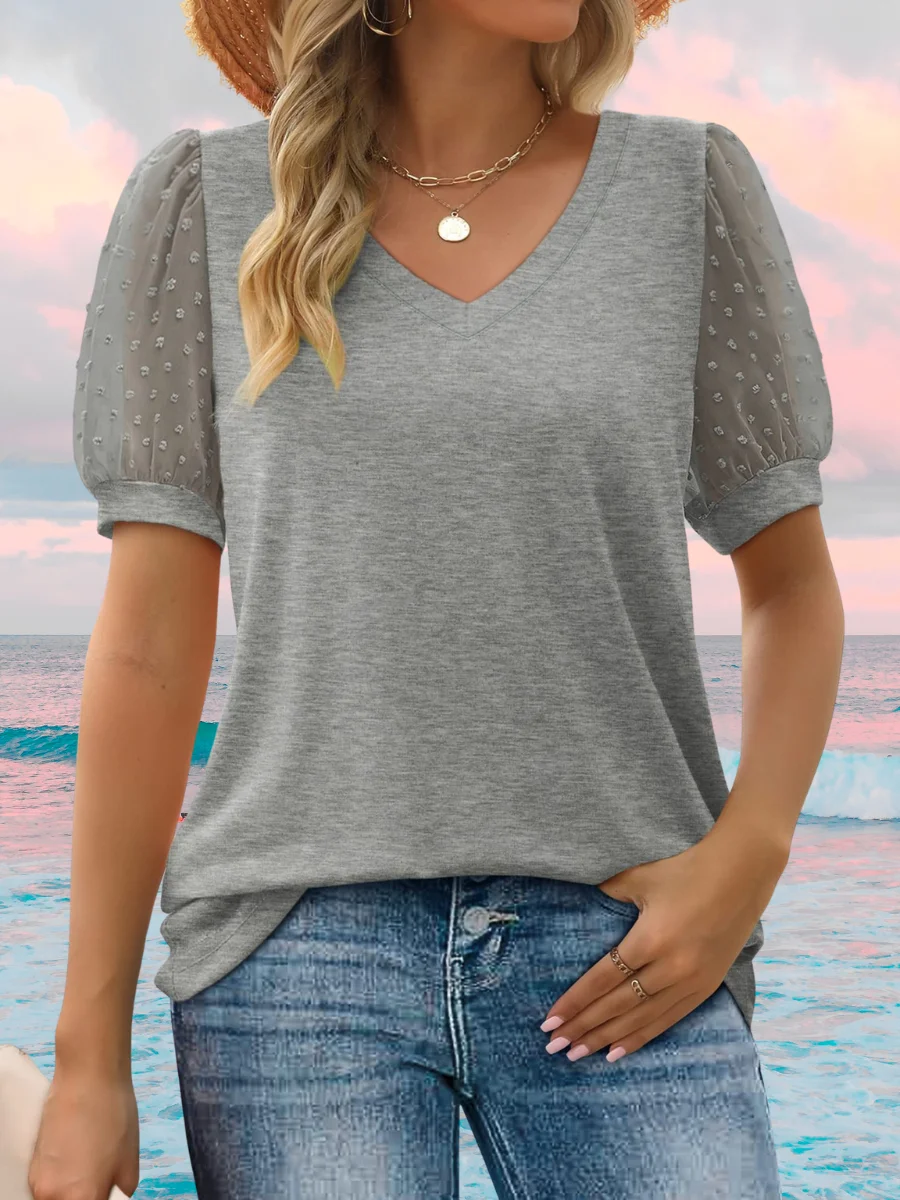 Women Polka Dots Short Sleeve Tee T-shirt V Neck Jacquard Casual Summer Top