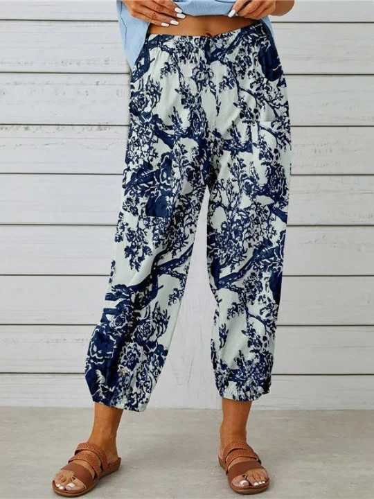 Women Geometric Ankle Pants Elastic Waist Pants Vintage Spring/Fall Trousers