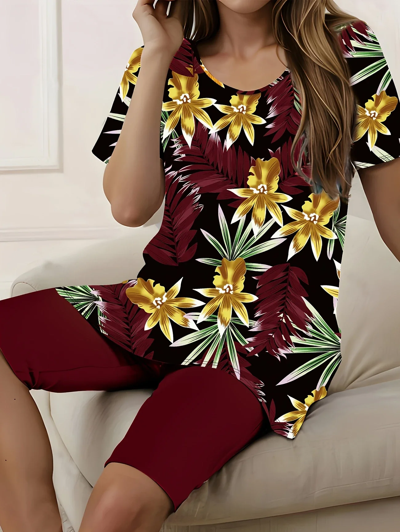 Women Floral Printing Two-Piece Set Daily Short Sleeve Casual Summer Top With Pants Matching Set