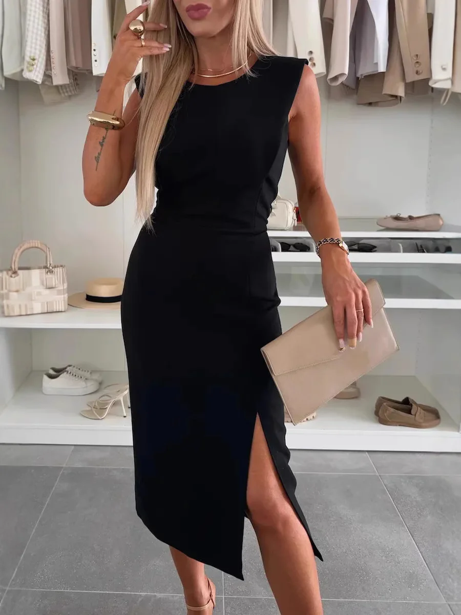 Women Plain Short Sleeve Summer Split Joint Dress Crew Neck Daily Casual Midi Tank A-Line Dress