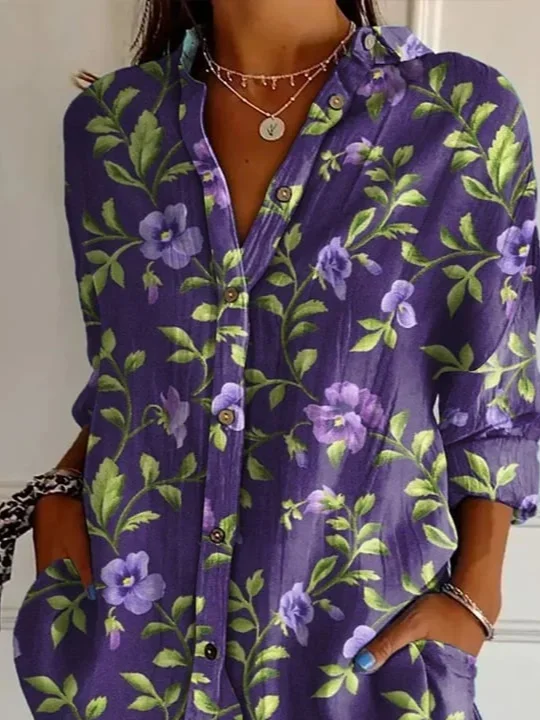 Women Floral Long Sleeve Shirt Spring/Fall Buckle Shirt Collar Daily Casual Top