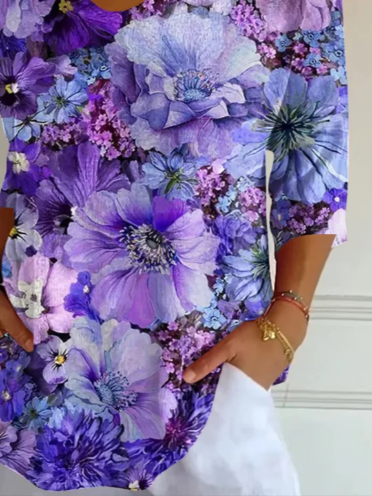 Women Floral Three Quarter Sleeve Tee T-shirt V Neck Printing Casual Spring/Fall Graphic Tee Top