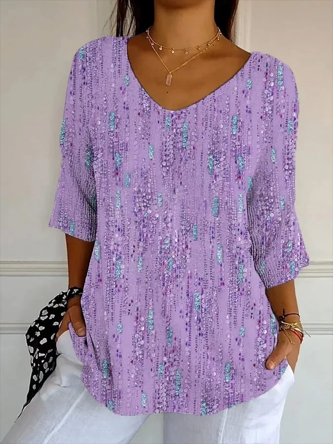 Women Abstract Three Quarter Sleeve Tee T-shirt V Neck Printing Casual Spring/Fall Graphic Tee Top