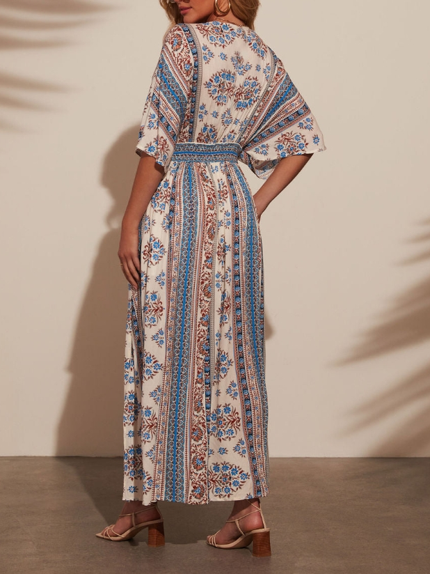Women Floral Short Sleeve Summer Printing Dress V Neck Daily Vintage Maxi Tank A-Line Dress