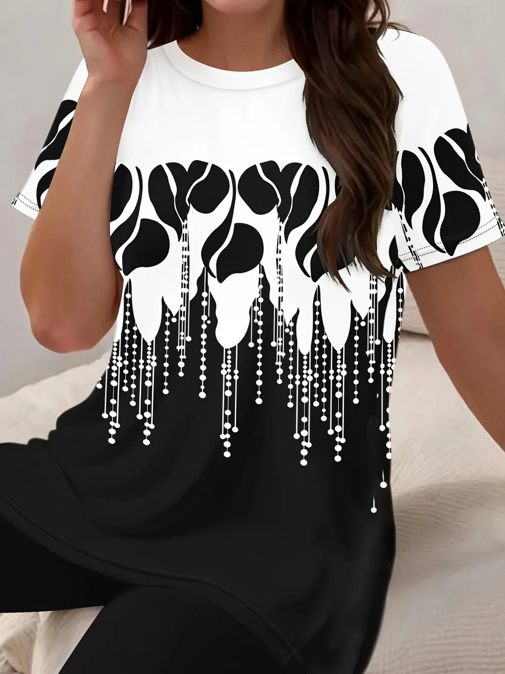 Women Abstract Printing Two-Piece Set Daily Short Sleeve Casual Summer Top With Pants Matching Set