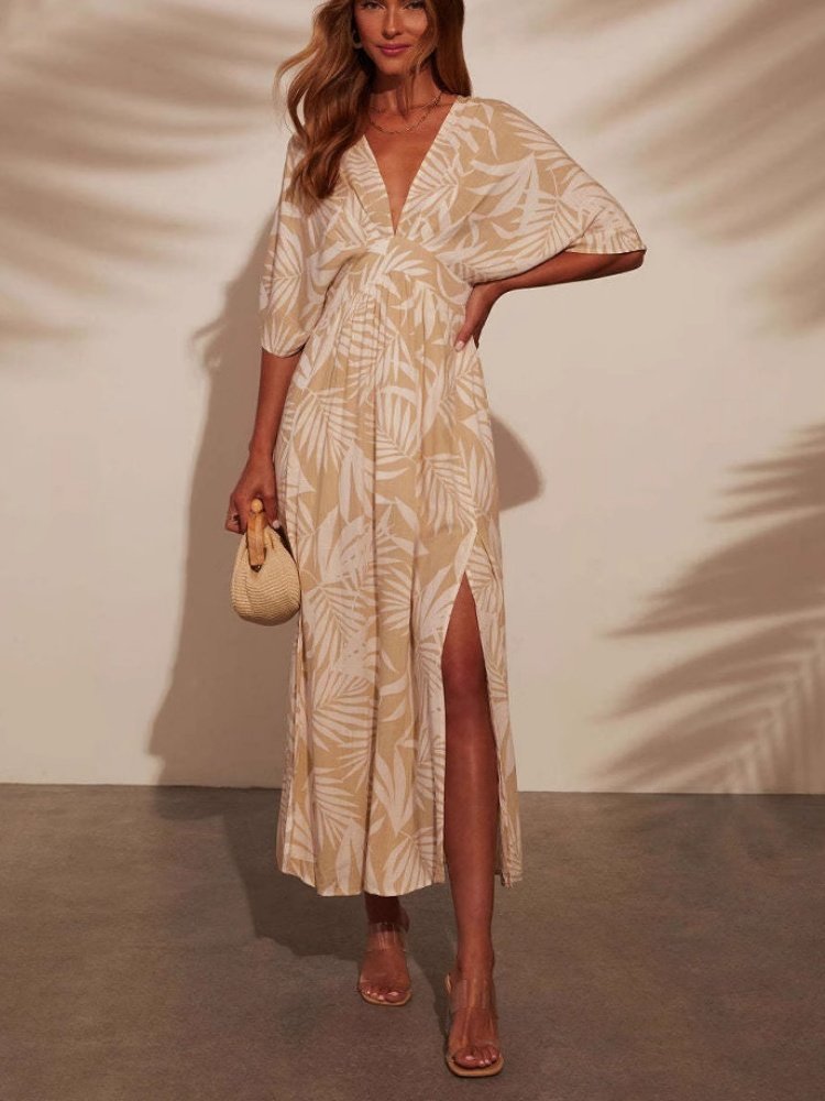 Women Floral Short Sleeve Summer Printing Dress V Neck Daily Vintage Maxi Tank A-Line Dress