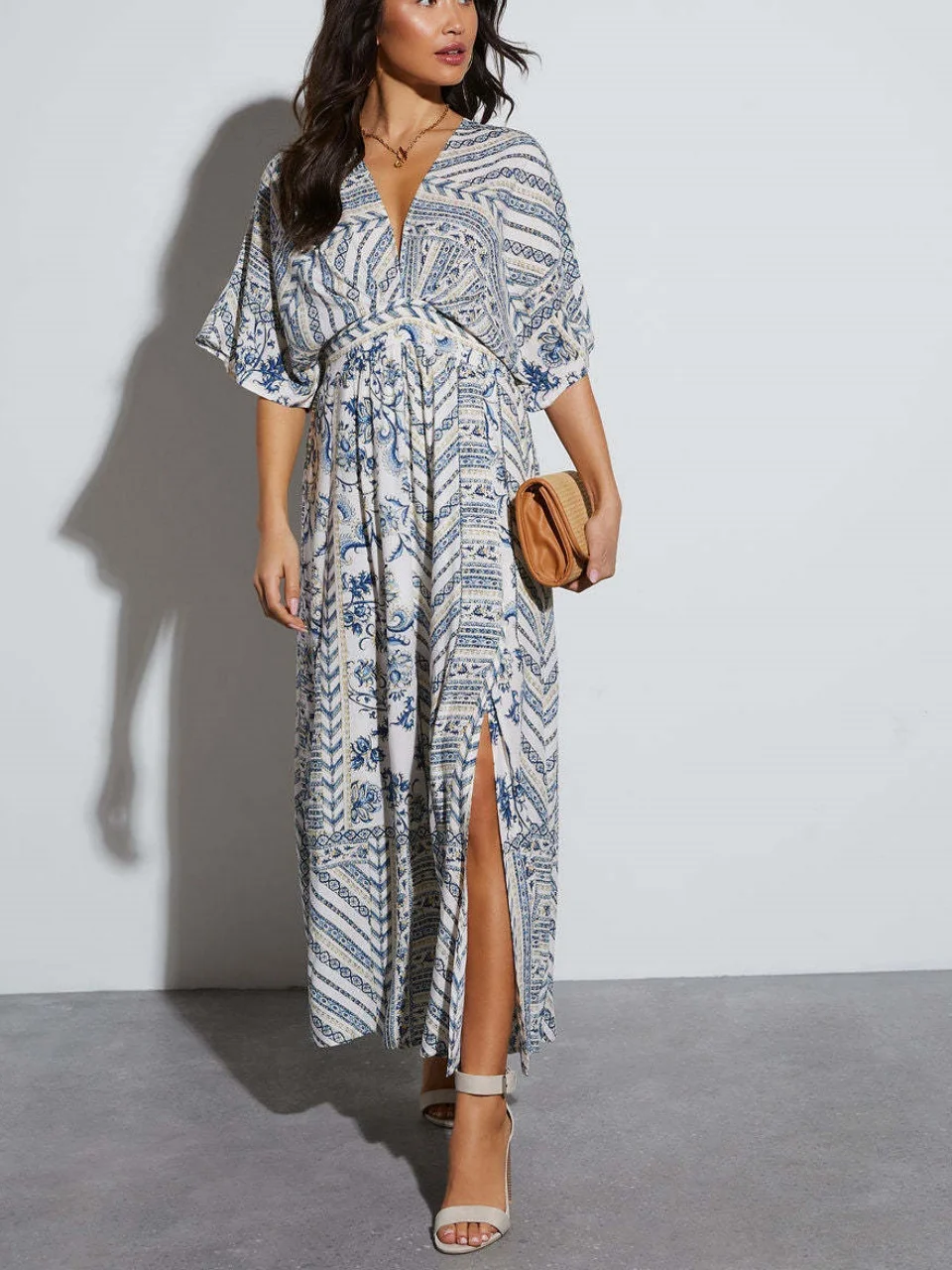 Women Floral Short Sleeve Summer Printing Dress V Neck Daily Vintage Maxi Tank A-Line Dress