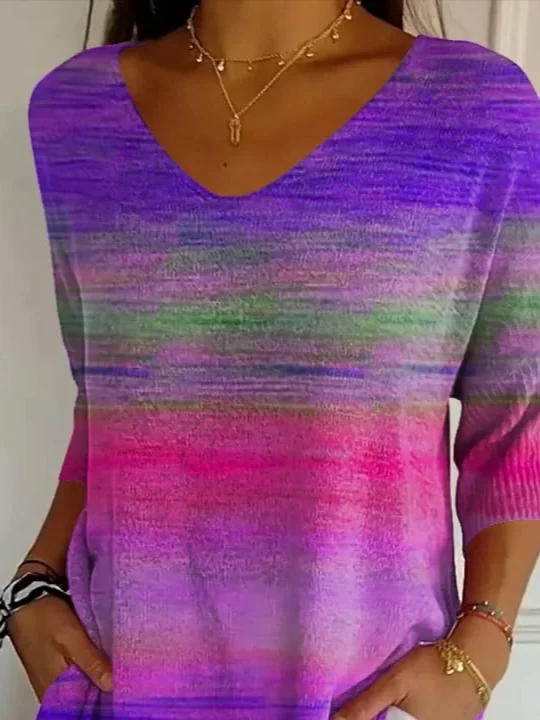 Women Abstract Stripes Three Quarter Sleeve Tee T-shirt V Neck Printing Casual Spring/Fall Graphic Tee Top