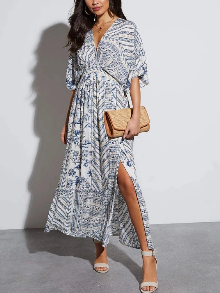 Women Floral Short Sleeve Summer Printing Dress V Neck Daily Vintage Maxi Tank A-Line Dress