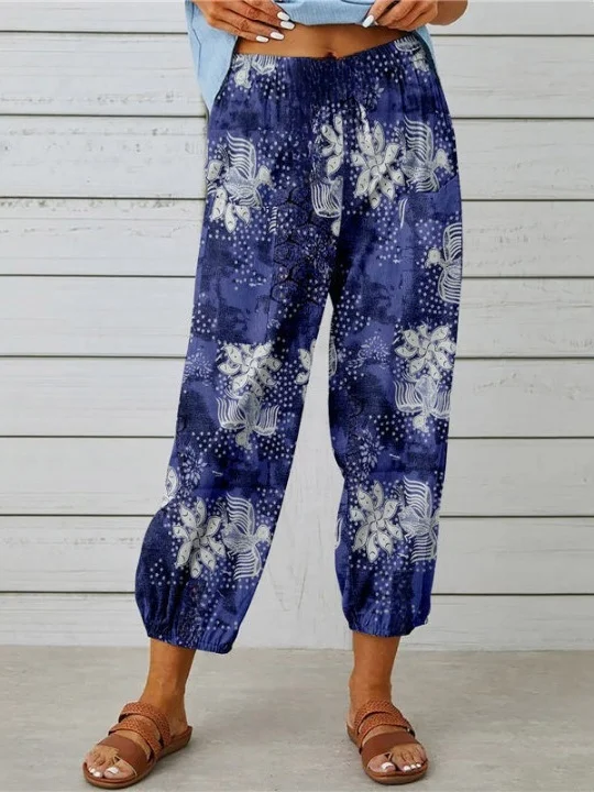 Women Geometric Ankle Pants Elastic Waist Pants Vintage Spring/Fall Trousers