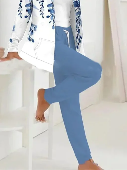 Women Floral Printing Two-Piece Set Daily Long Sleeve Casual Spring/Fall Coat With Pants Matching Set