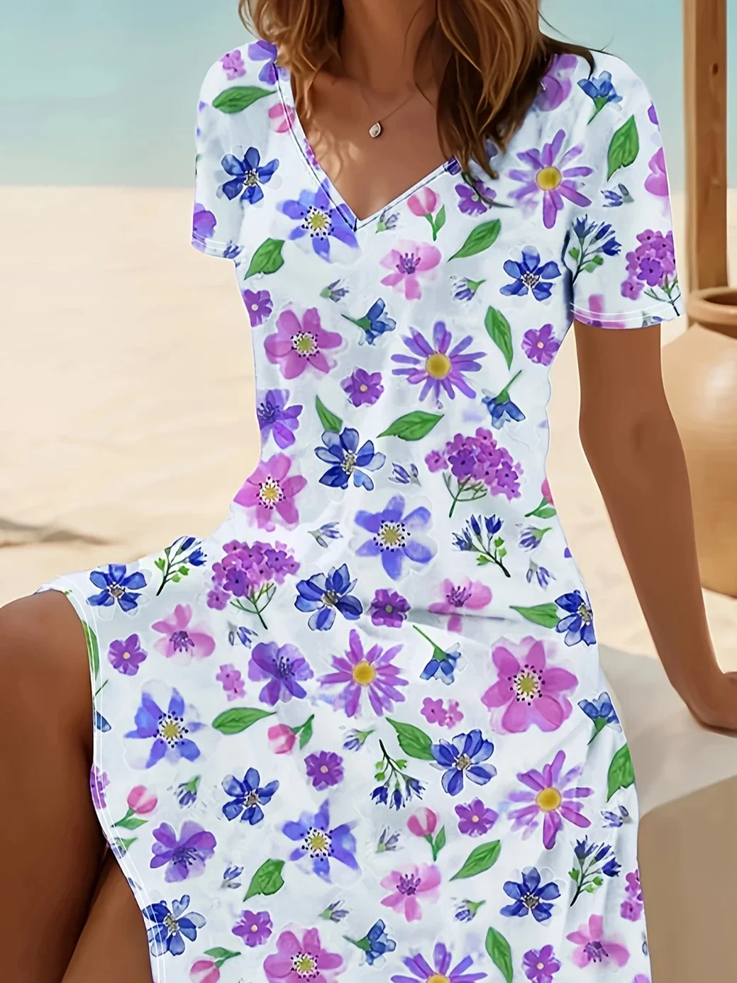 Women Floral Short Sleeve Summer Printing Dress V Neck Daily Casual Midi Fit & Flare Dress A-Line Dress