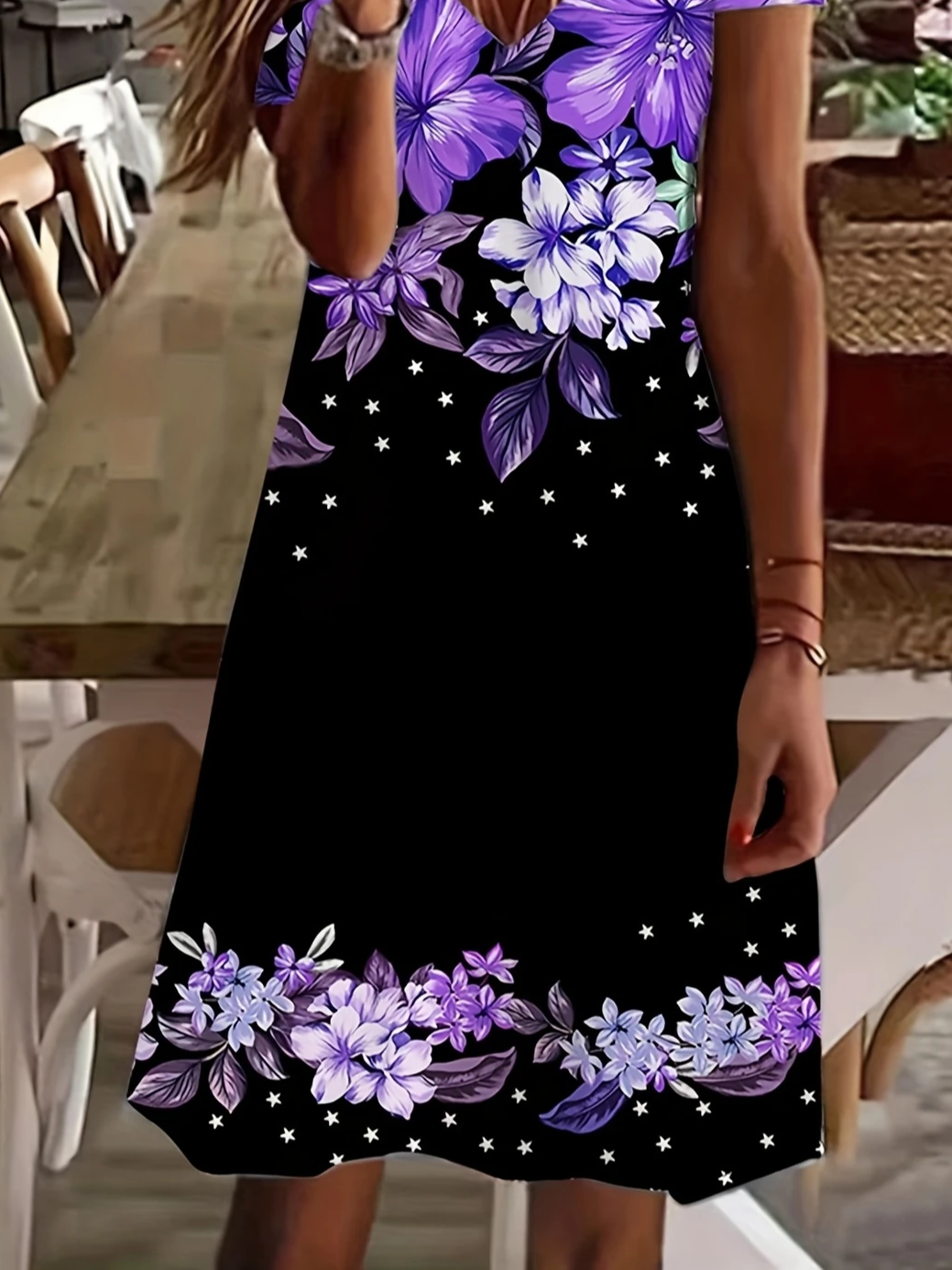 Women Floral Short Sleeve Summer Printing Dress V Neck Daily Casual Midi Fit & Flare Dress A-Line Dress